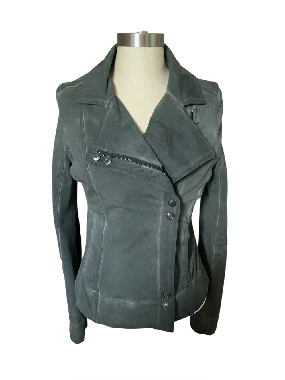 Marrakech Anthropologie Green Distressed Cotton Meri Moto Jacket